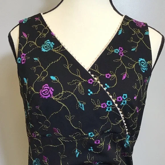 Vintage 90s Nicole Miller Floral Midi Embroidered Lace V-Neck Black Dress Size 8 - Picture 6 of 16
